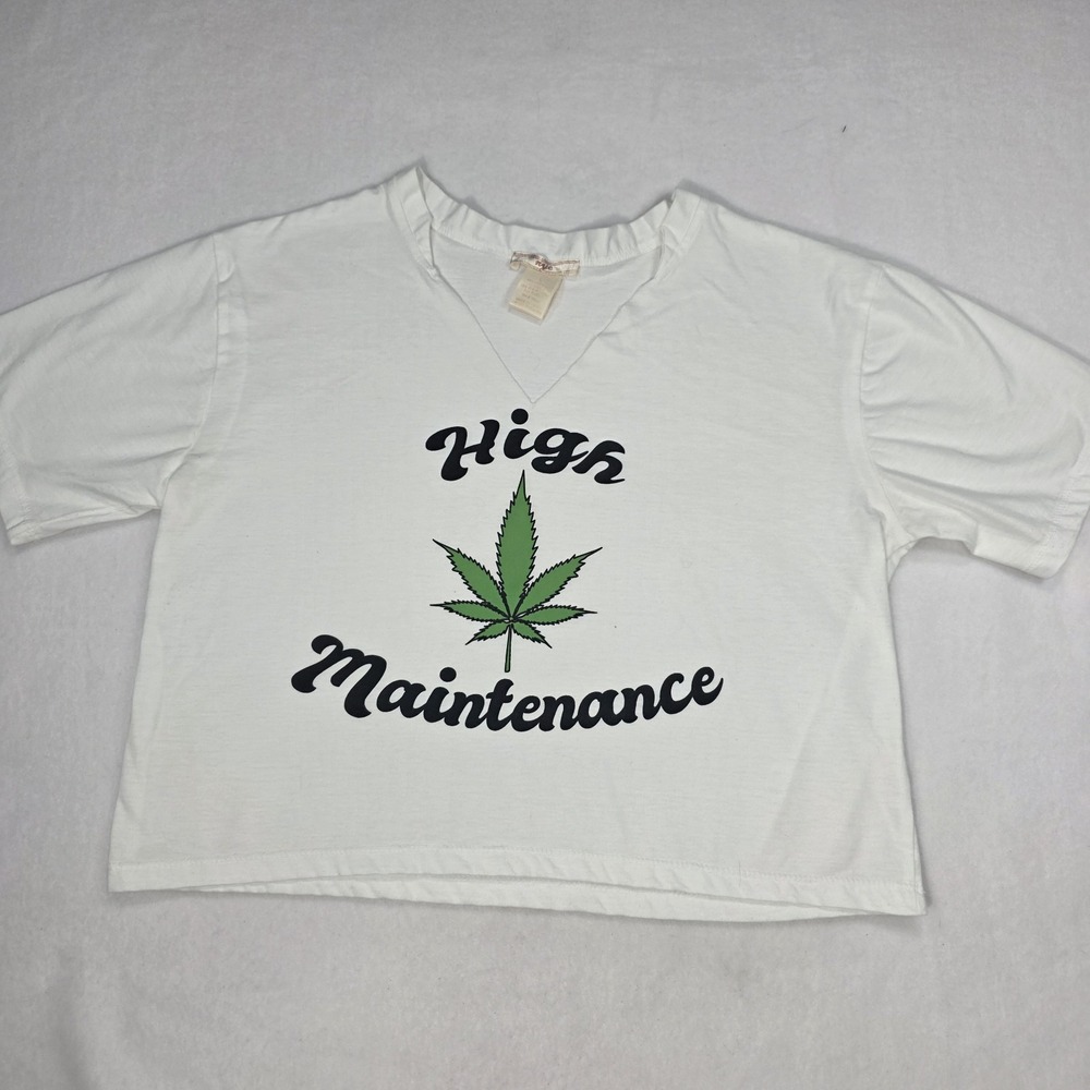 Women's White "High Maintenance" Marijuana Leaf Cropped T-shirt Size Large